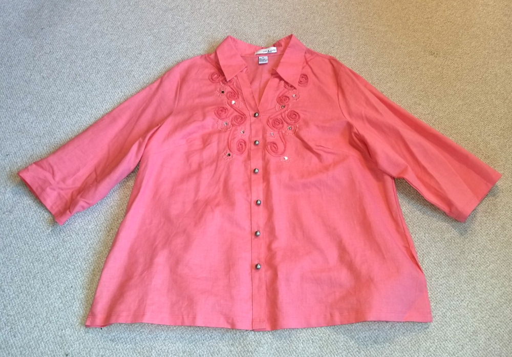 Womens Top-LUCY & LAUREL-coral/pink linen beaded button tunic Resort Coastal-2X